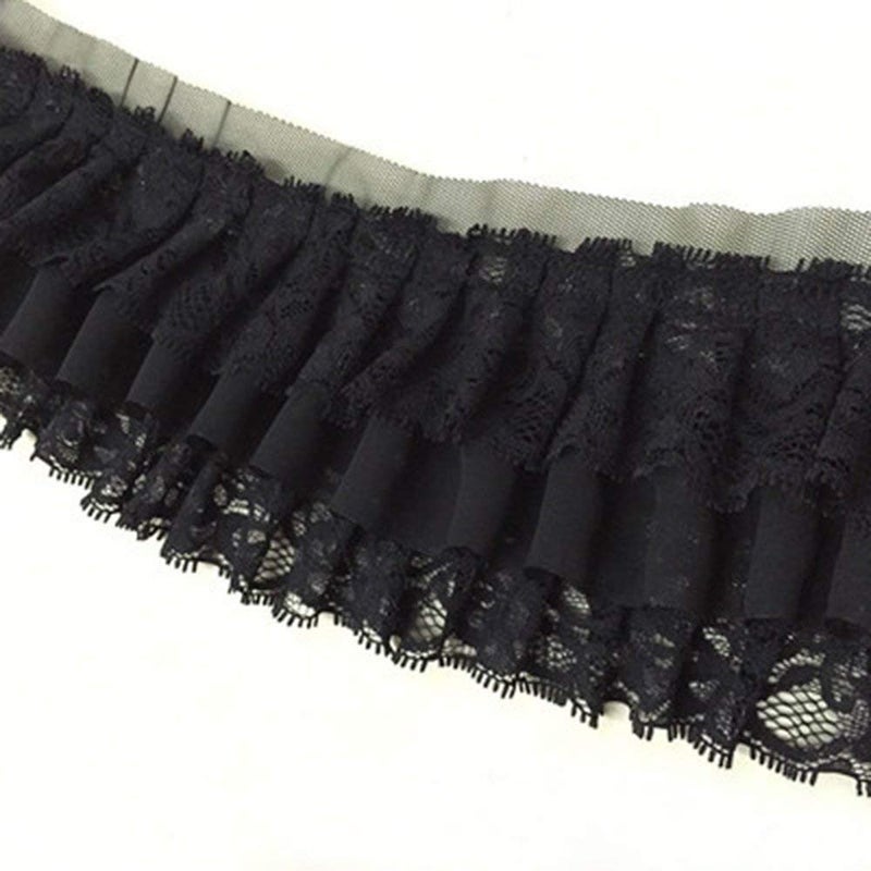 Zthread 5 Yards 3-3/4" Wide Ruffled Lace Trims Pleated Lace Trim for Dress Extender Sewing Accessories 2 Colors for Selection (Black) - Image 1